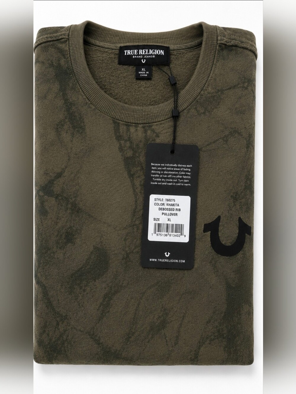 New True Religion Men's Debossed logo raw trim sweatshirt Rib Pullover Green XL - Picture 5 of 10